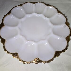 Vintage Anchor Hocking Fire-King milk glass deviled egg plate with 22K gold trim